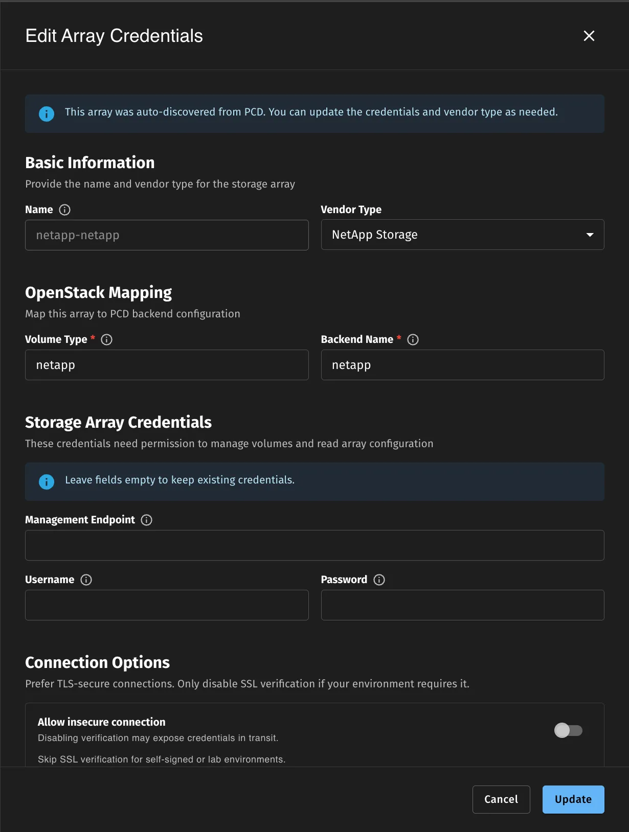 Storage Array Credentials Edit