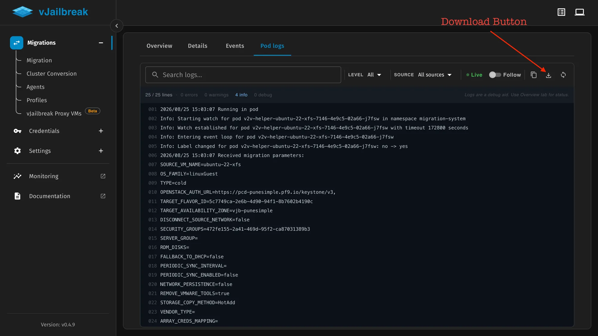 Download button on the Pod logs tab