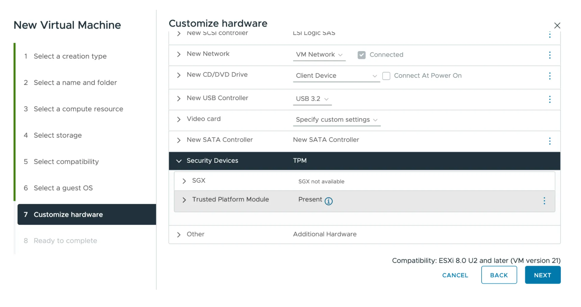 Customize hardware showing TPM present