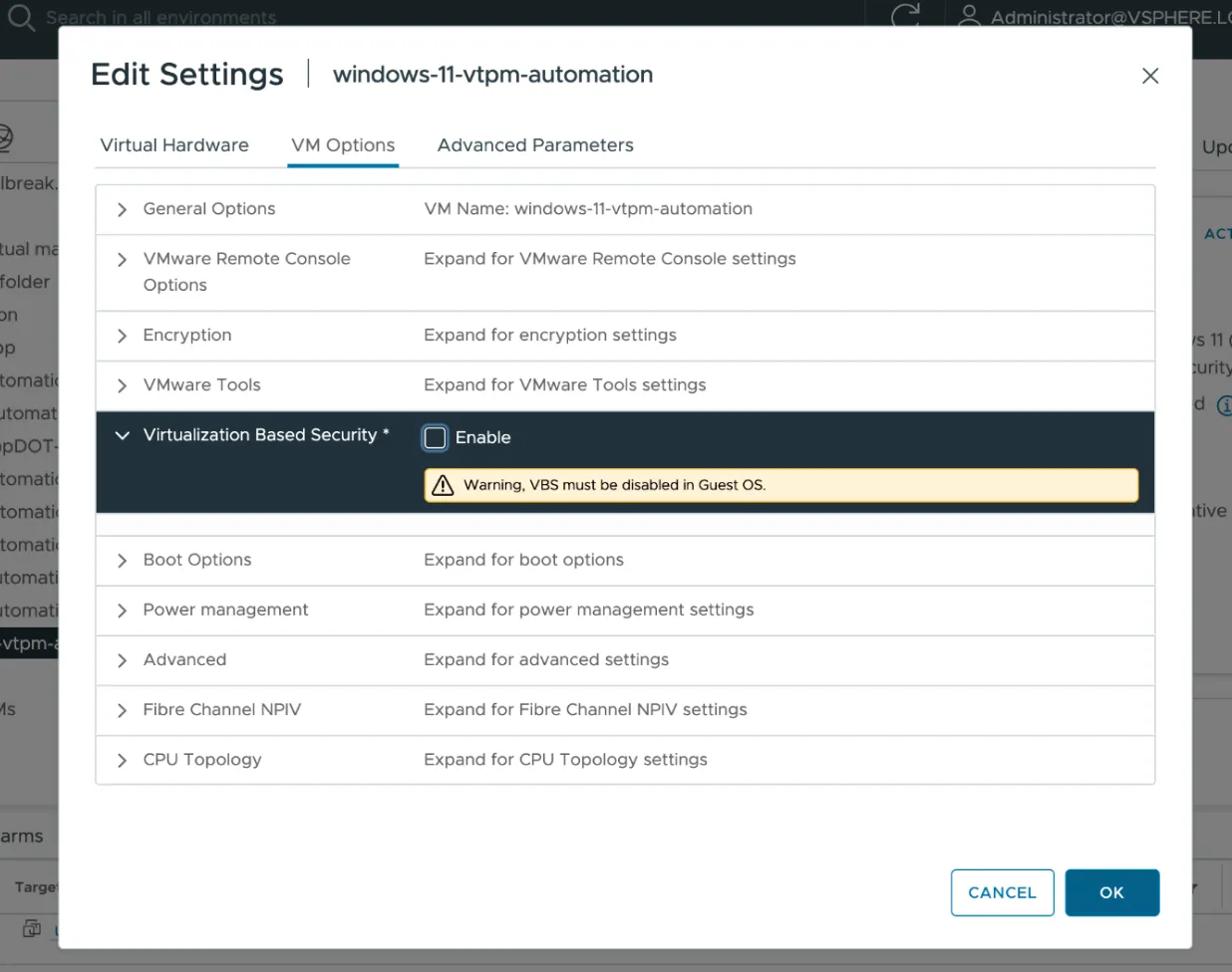 Disable VBS in VM Options