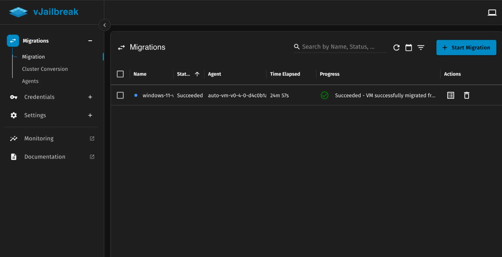 Migration succeeded in vJailbreak