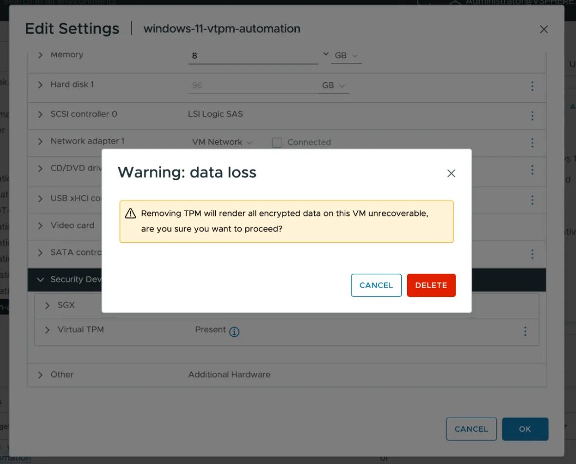 Remove vTPM device with data loss warning