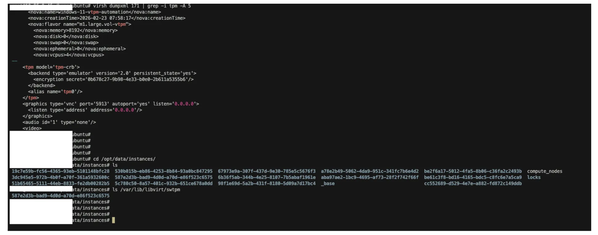 virsh dumpxml showing TPM configuration