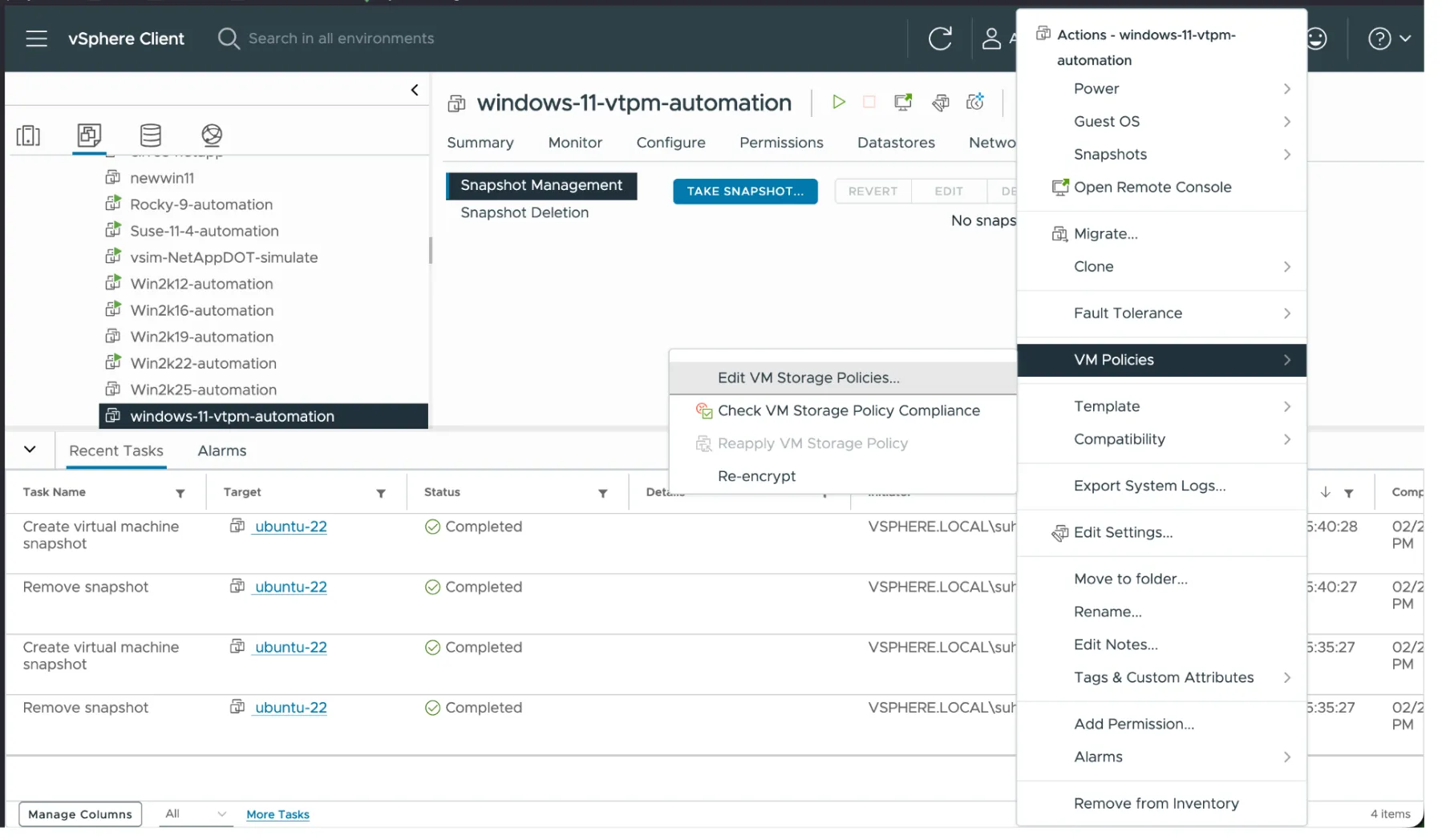 Edit VM Storage Policies menu